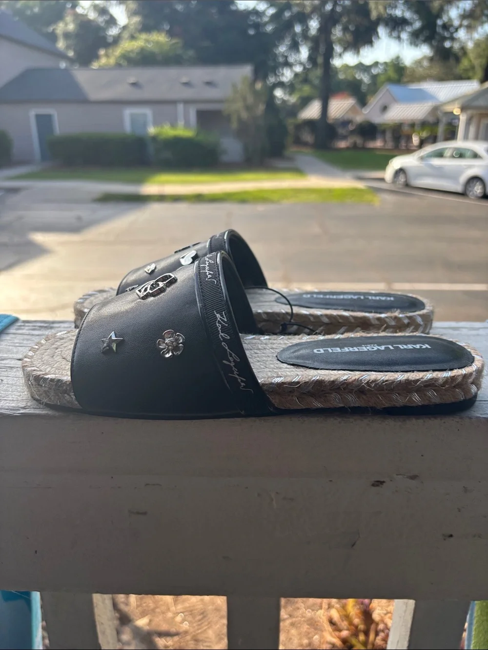 Karl Lagerfeld Black and Tan Espadrille Slide Sandals